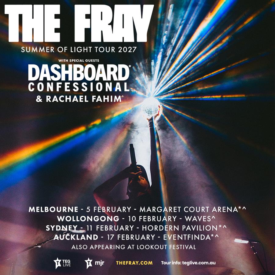 The Fray Summer of Light Tour 2027 poster featuring Dashboard Confessional and Rachael Fahim with Australian and New Zealand concert dates.